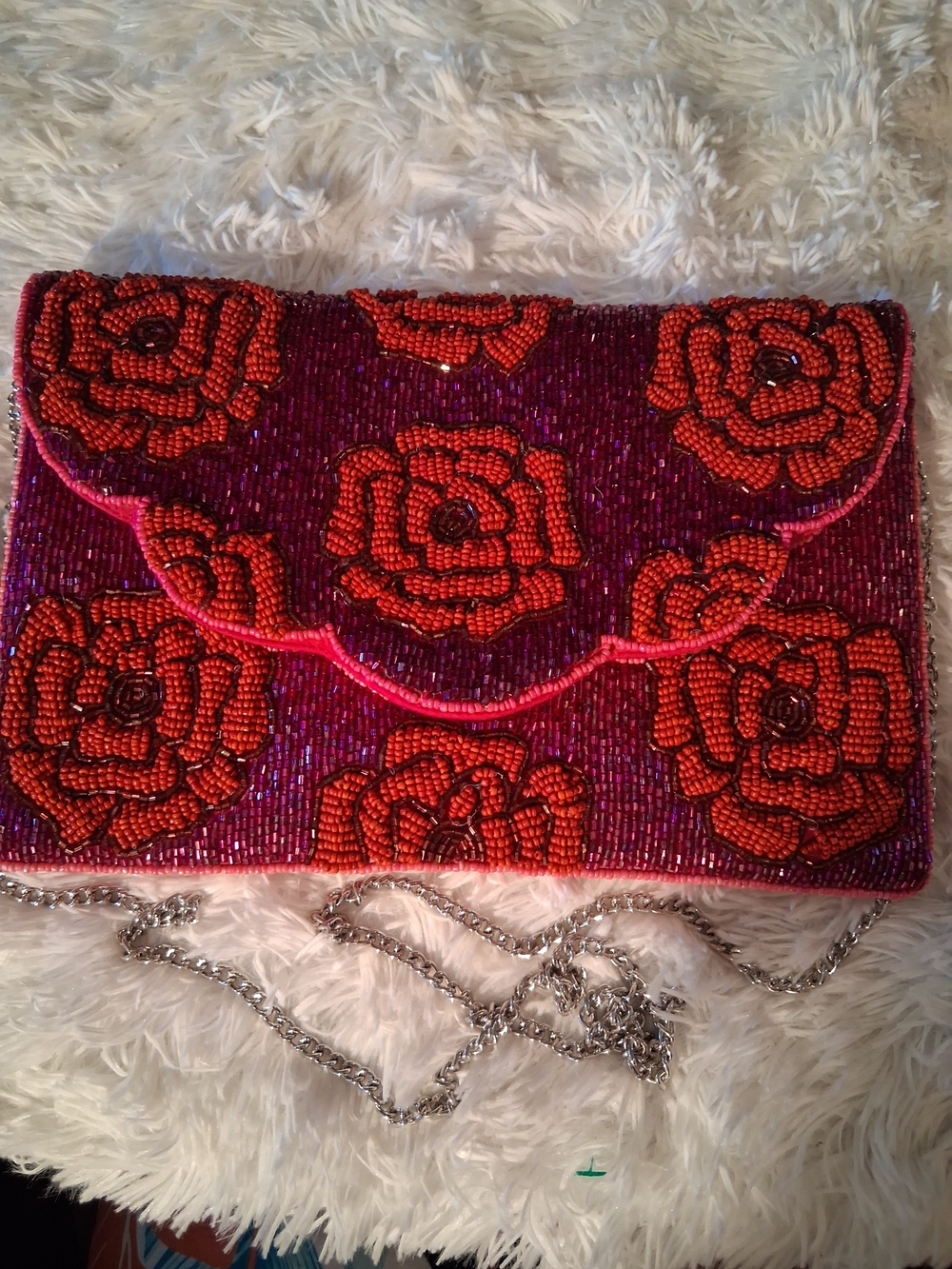 SHIRDEE Beaded Floral Envelope Clutch - Pink and Red